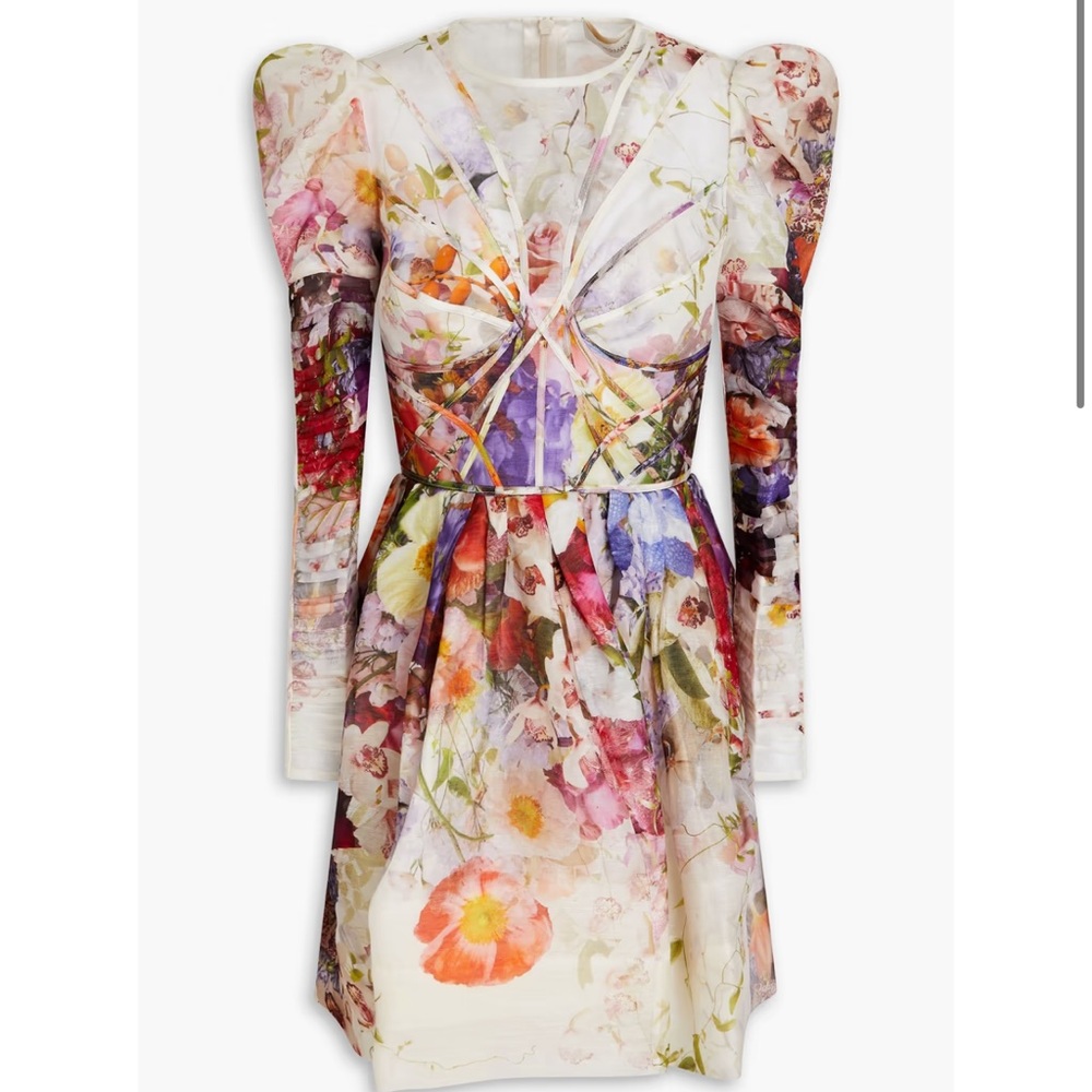 Zimmermann Prima Paneled Floral Print Linen -Silk Organza Mini Dress size 2(Us8)